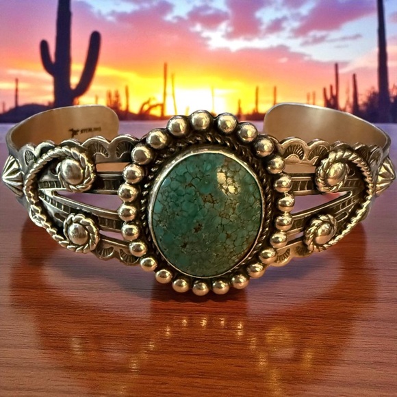 Navajo Jewelry - Navajo Sterling Silver Cuff Bracelet  w/Green Turquoise & Beadwork , Signed